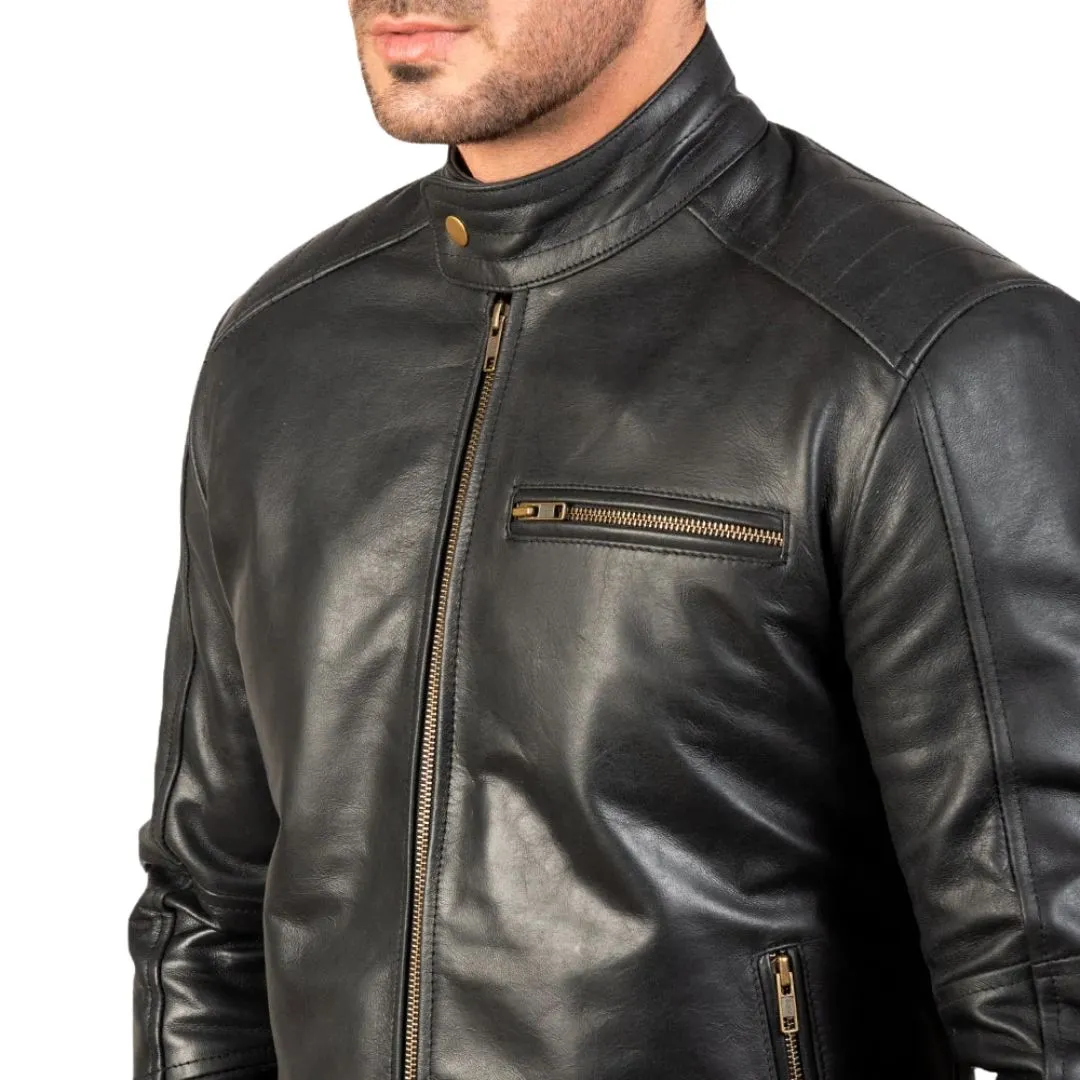 Men's Black Pull-Up Leather Biker Jacket - Image 5