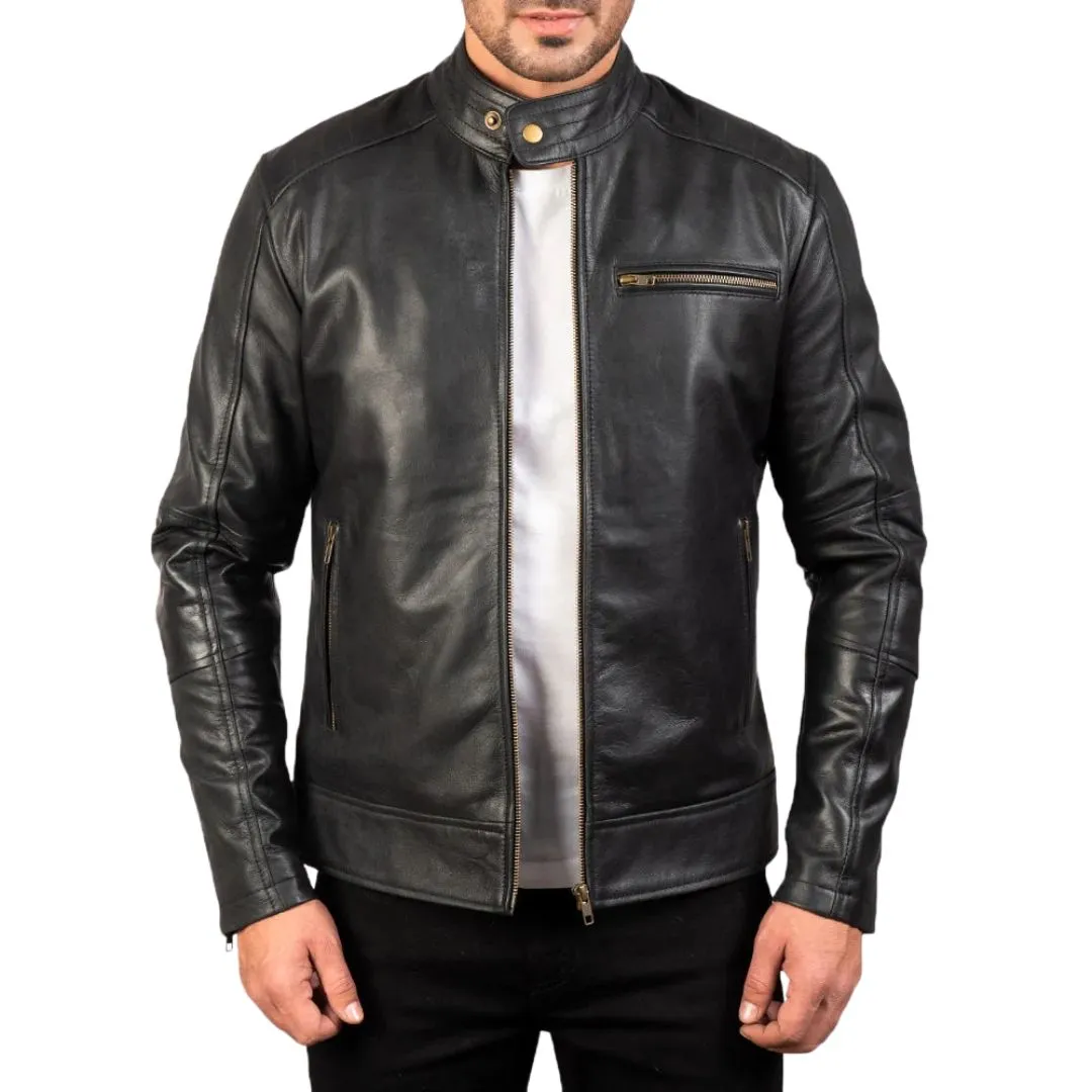 Black pull-up leather biker jacket