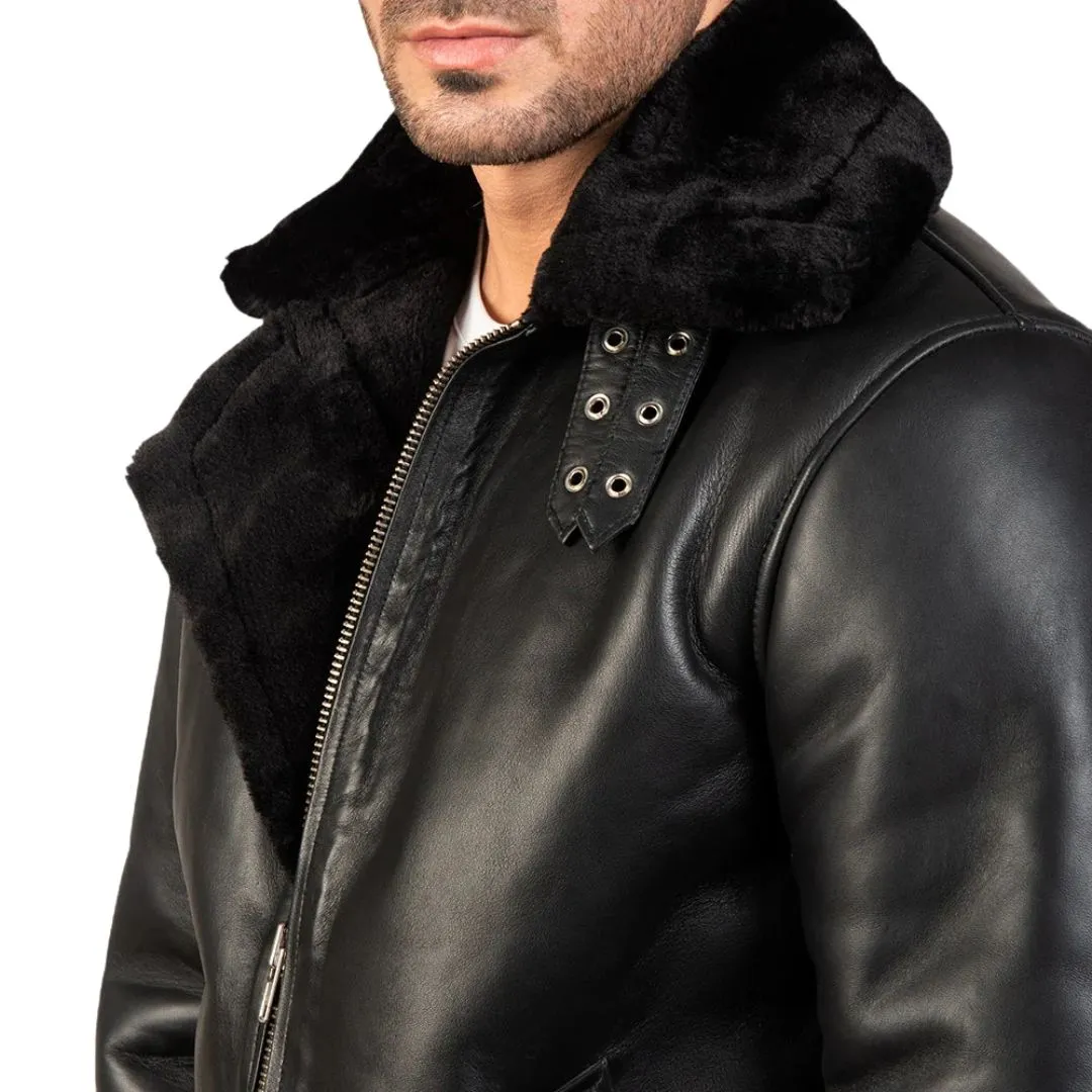 Close-up of black semi-aniline sheepskin leather