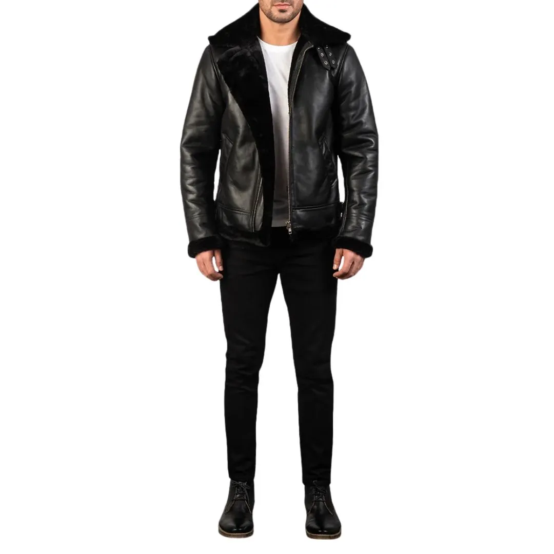 Front view of black sheepskin aviator leather jacket