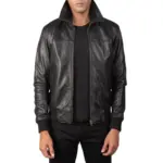 Black sheepskin leather bomber jacket