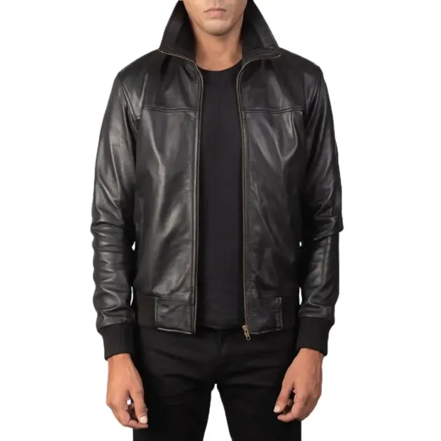 Black sheepskin leather bomber jacket