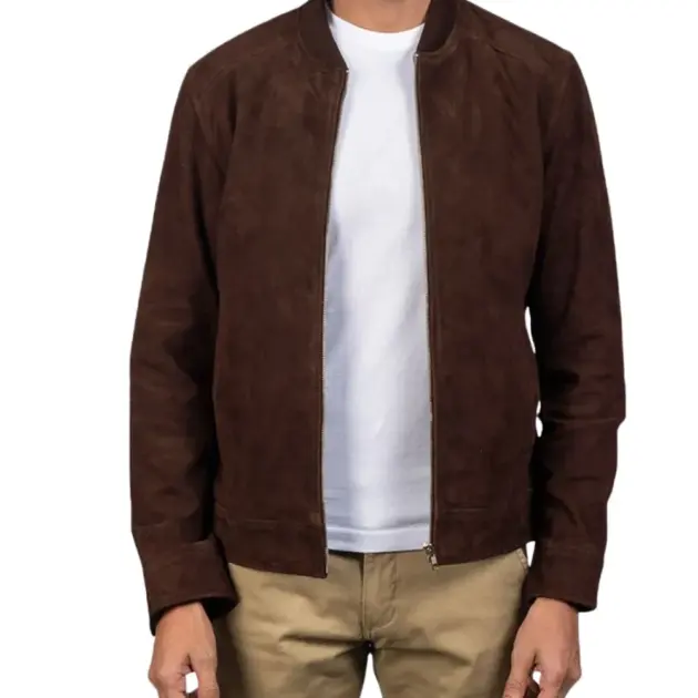 Blain men's dark brown suede bomber jacket front view