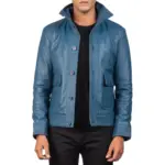 Blue button leather bomber jacket