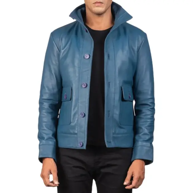 Blue button leather bomber jacket