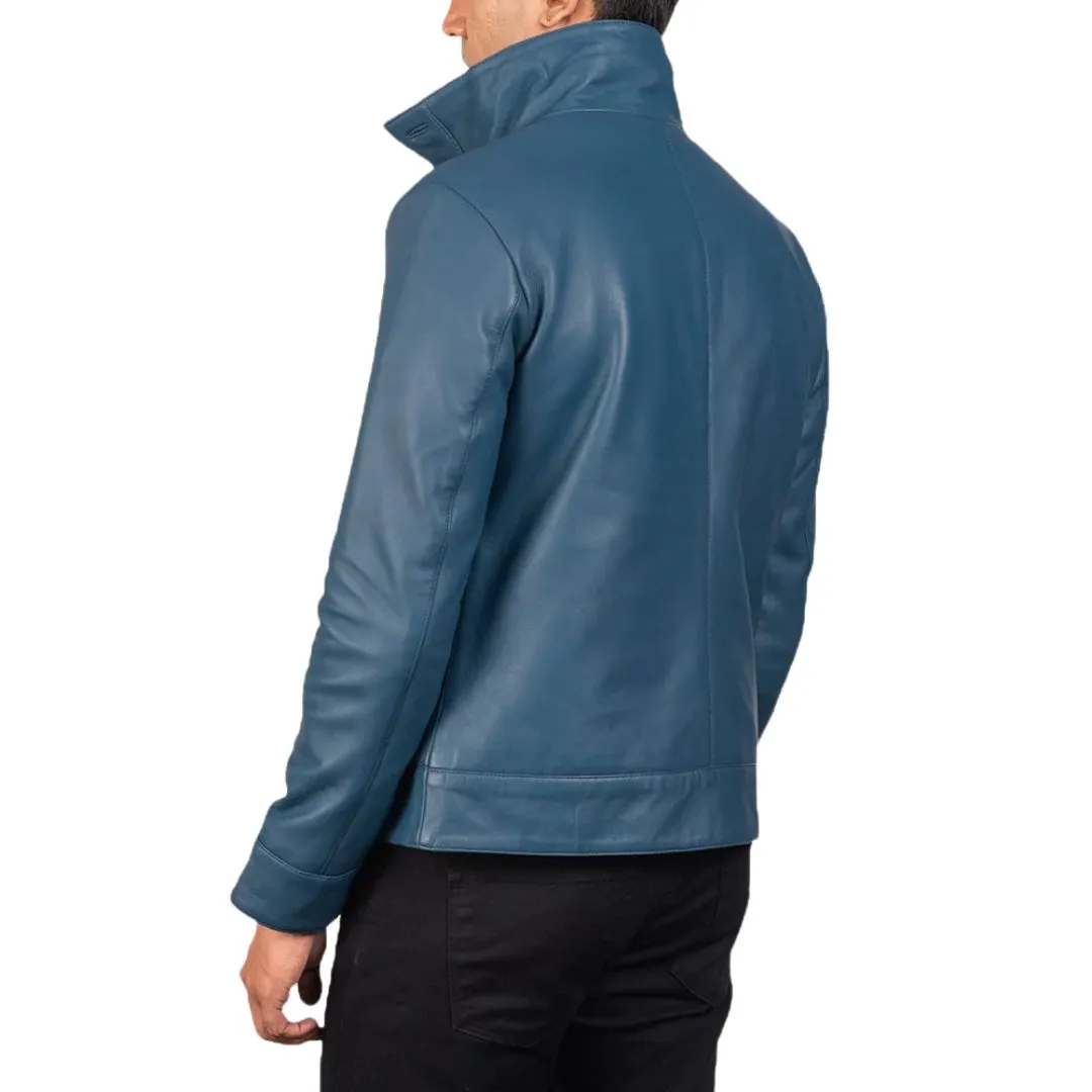 Men's Blue Button Leather Bomber Jacket - Image 3