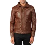 Brown button leather bomber jacket