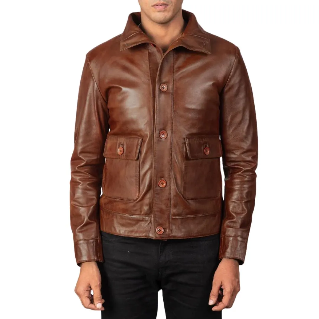 Brown button leather bomber jacket