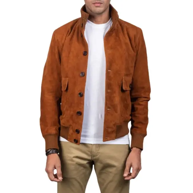Brown button suede bomber jacket