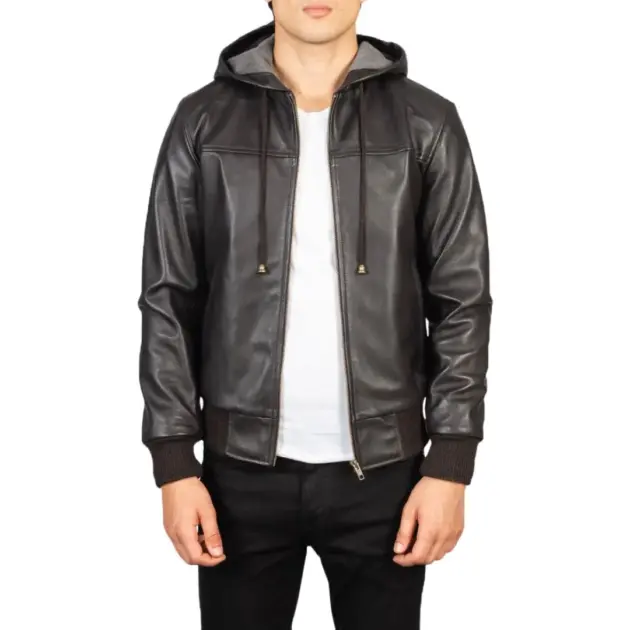 Brown fleece lined hooded leather jacket