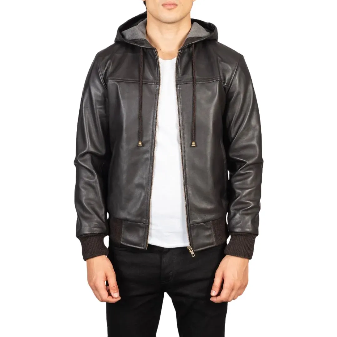 Brown fleece lined hooded leather jacket
