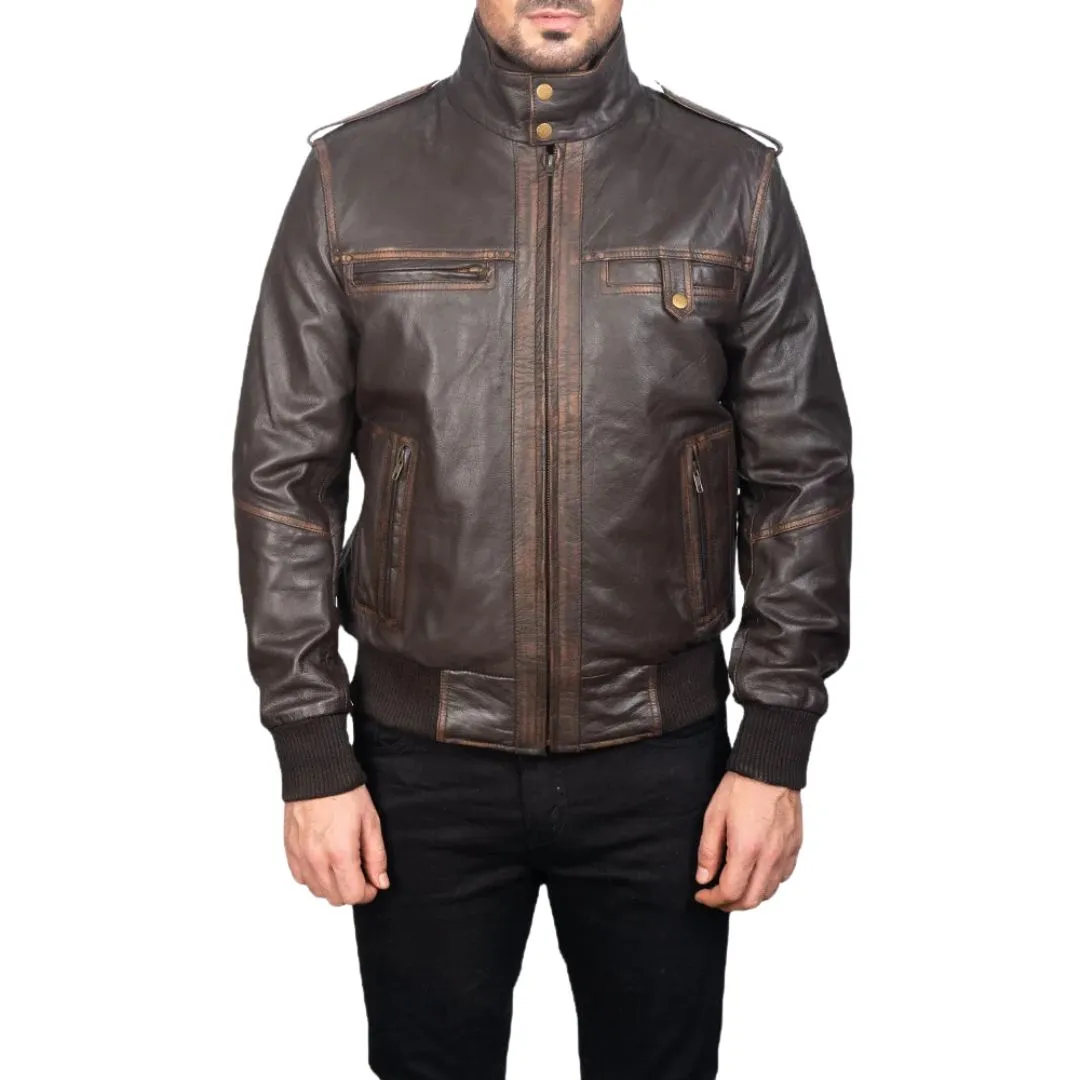 Men's Brown Rub-Off Leather Bomber Jacket - Image 4