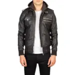 Brown hooded leather bomber jacket