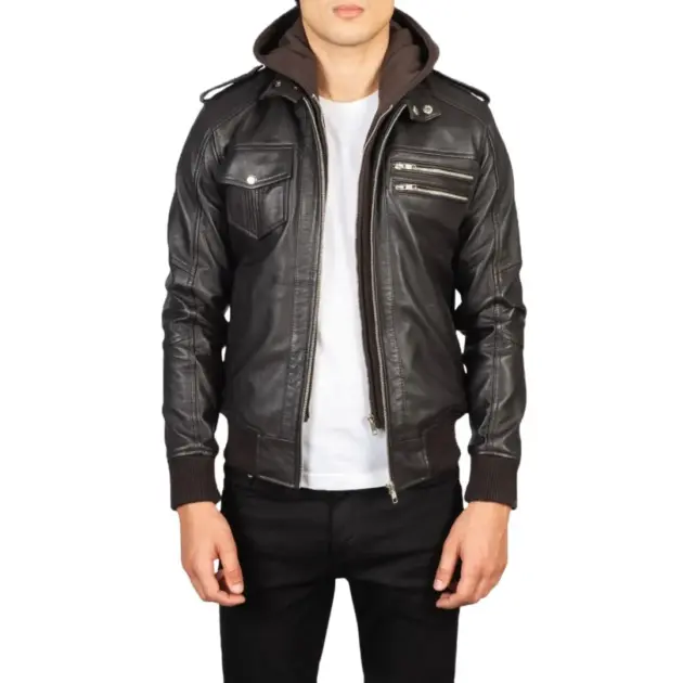 Brown hooded leather bomber jacket