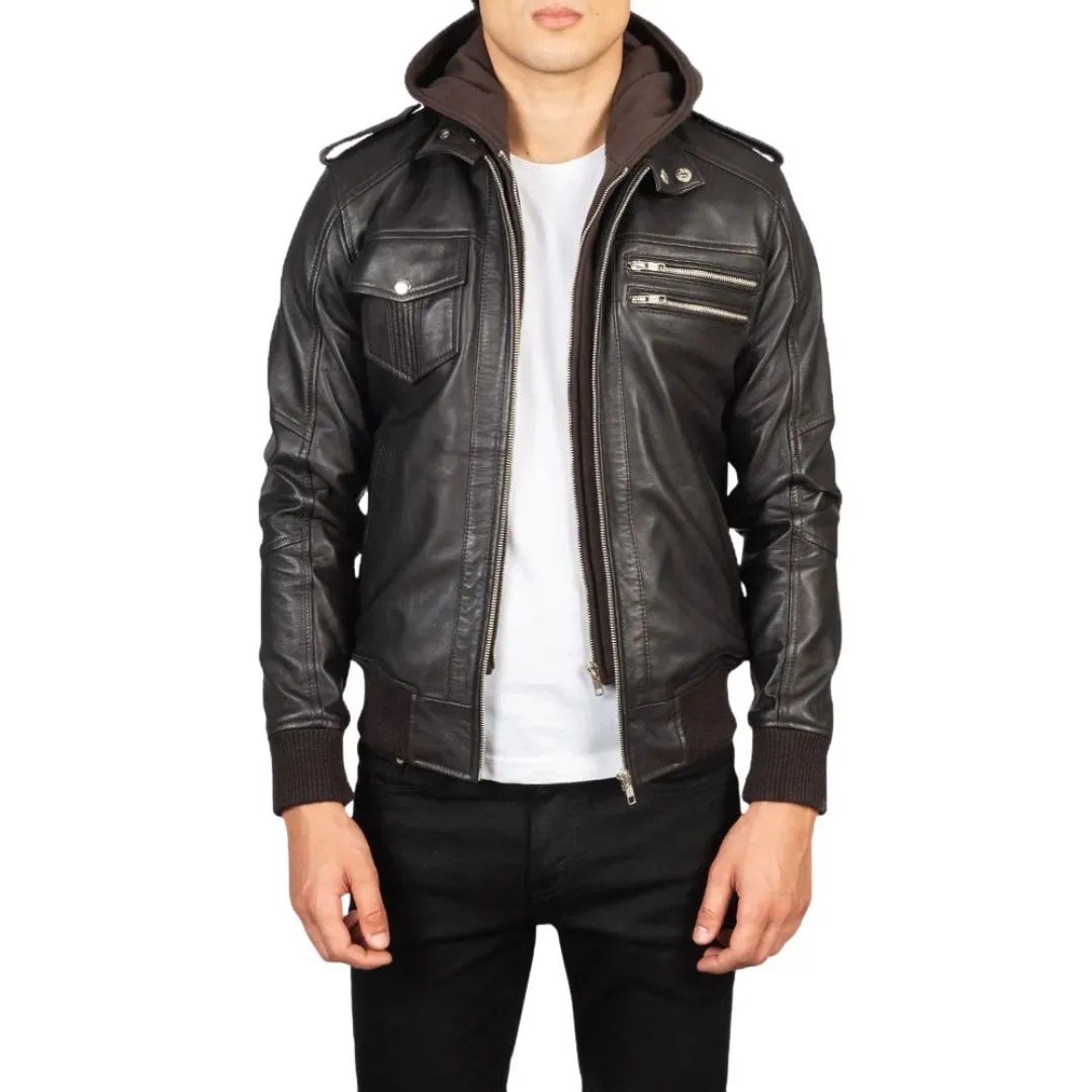 Brown hooded leather bomber jacket
