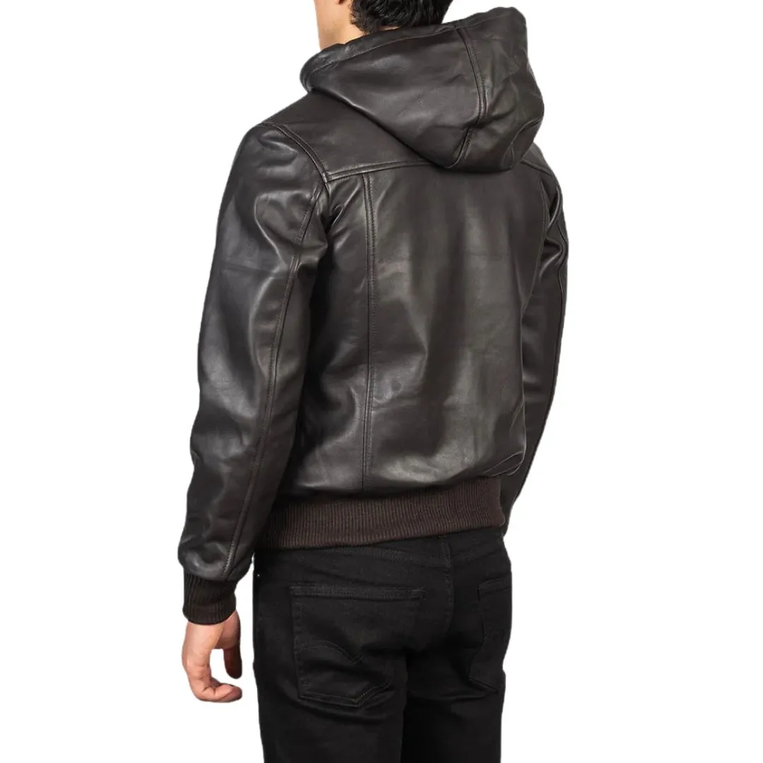 Men's Brown Fleece Lined Hooded Leather Jacket - Image 3