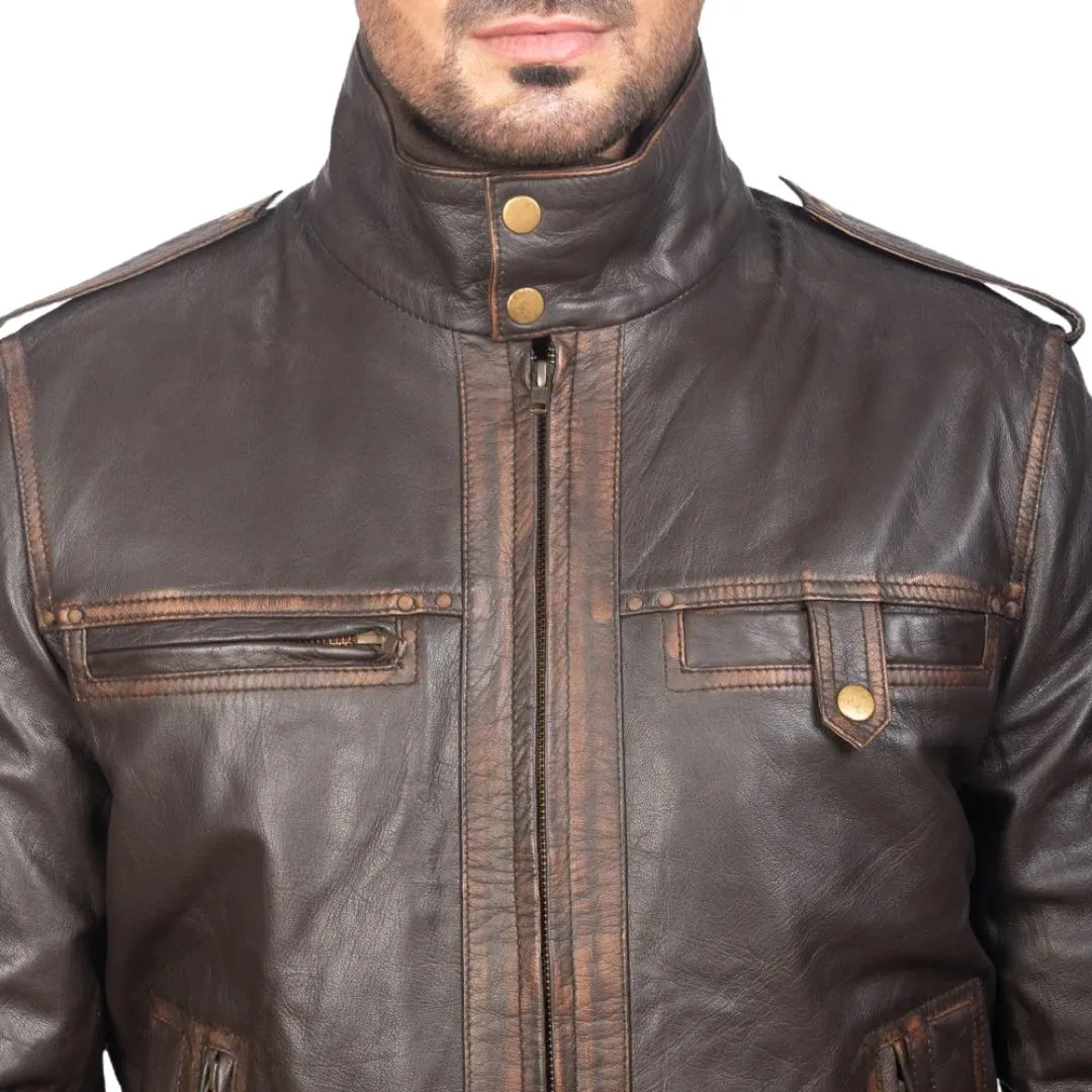 Men's Brown Rub-Off Leather Bomber Jacket - Image 5