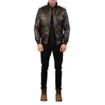 Brown leather bomber jacket