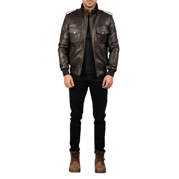 Brown leather bomber jacket