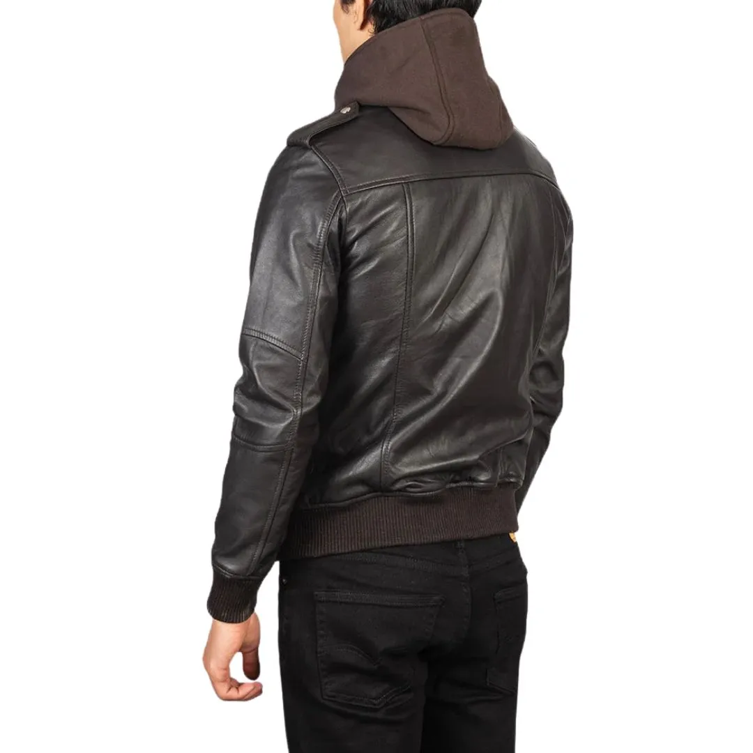 Back view of men's brown leather bomber jacket