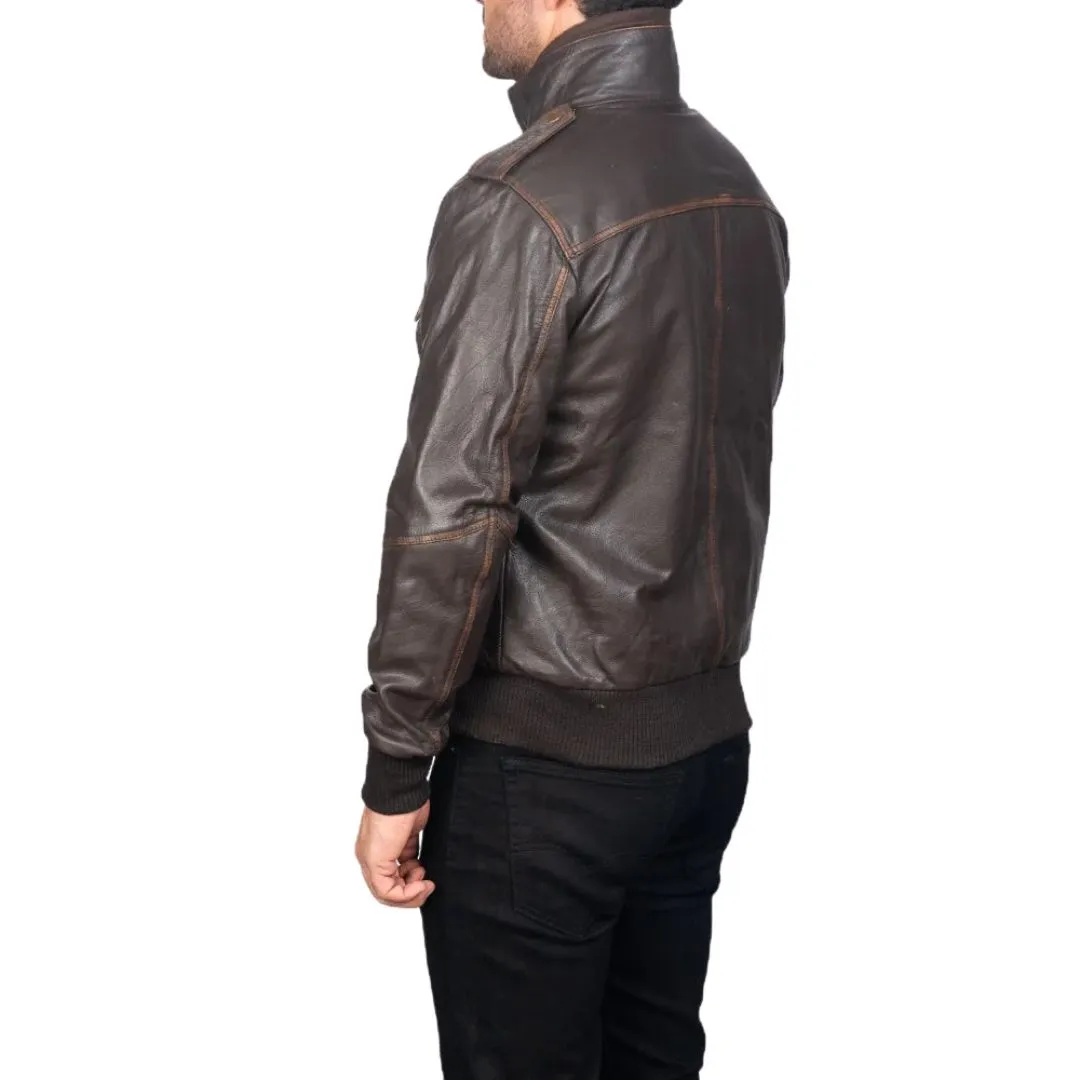 Back view of men's brown rub-off leather bomber jacket