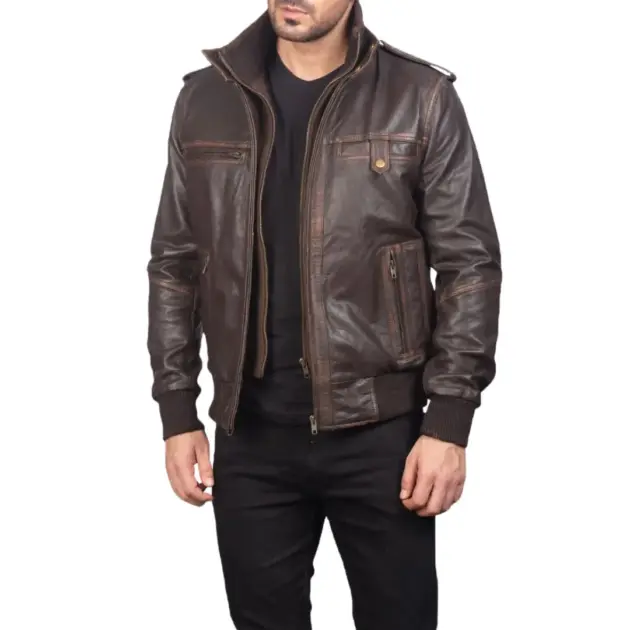 Brown rub-off leather bomber jacket