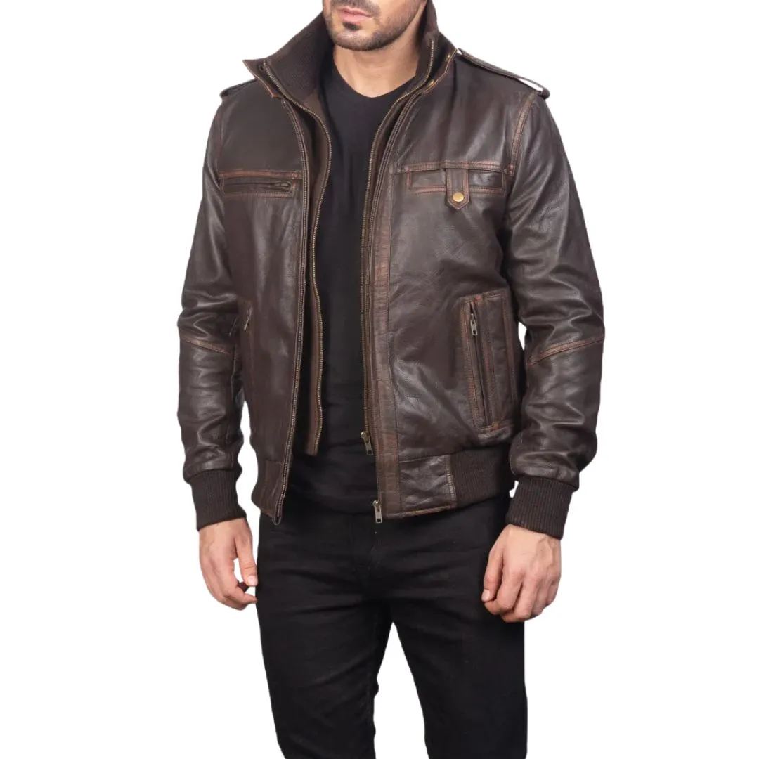 Brown rub-off leather bomber jacket