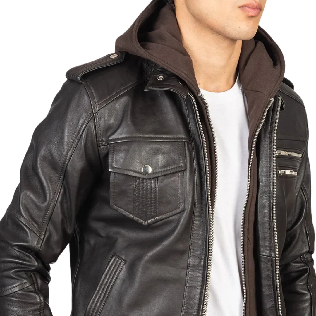 Men's Brown Hooded Leather Bomber Jacket - Image 5
