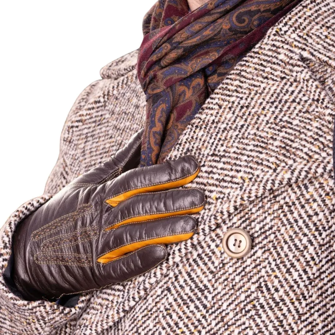 Brown leather dress gloves with contrast detailing