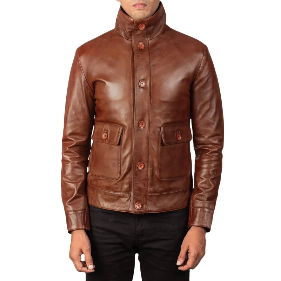 Columbus men's brown button leather bomber jacket front view