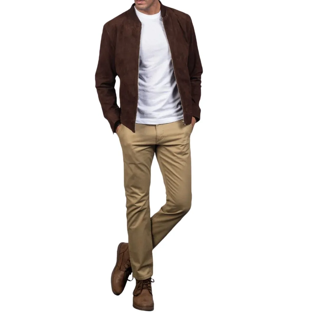 Front view of men's dark brown goatskin suede jacket