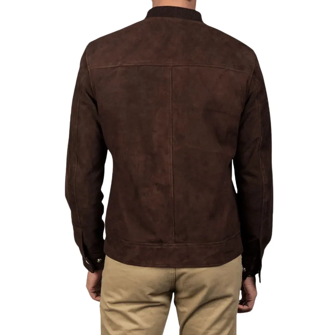 Back view of men's dark brown suede bomber