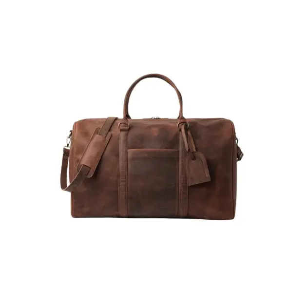 Distressed leather duffle bag with leather handles and shoulder strap
