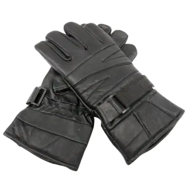 Men's black leather winter gloves with adjustable wrist strap