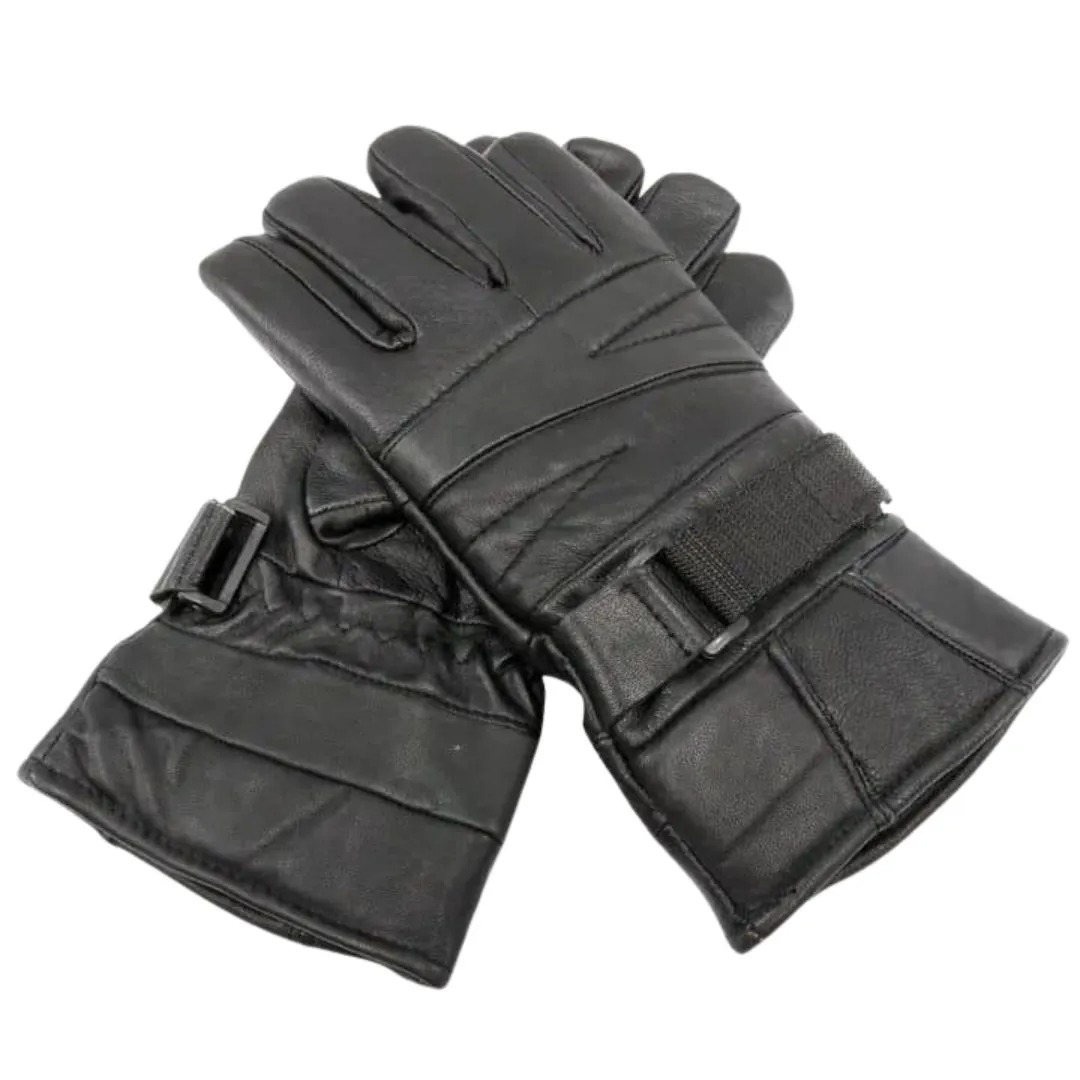 Men's black leather winter gloves with adjustable wrist strap
