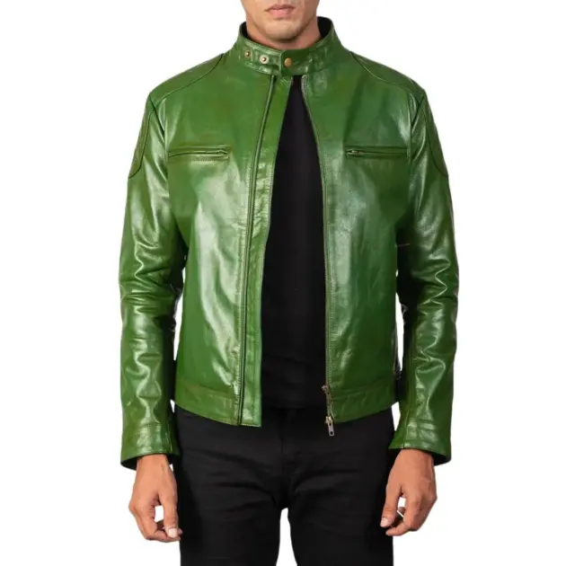 Green quilted leather biker jacket