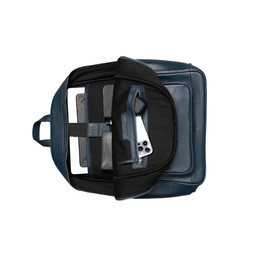 Leather backpack angled view with adjustable shoulder straps