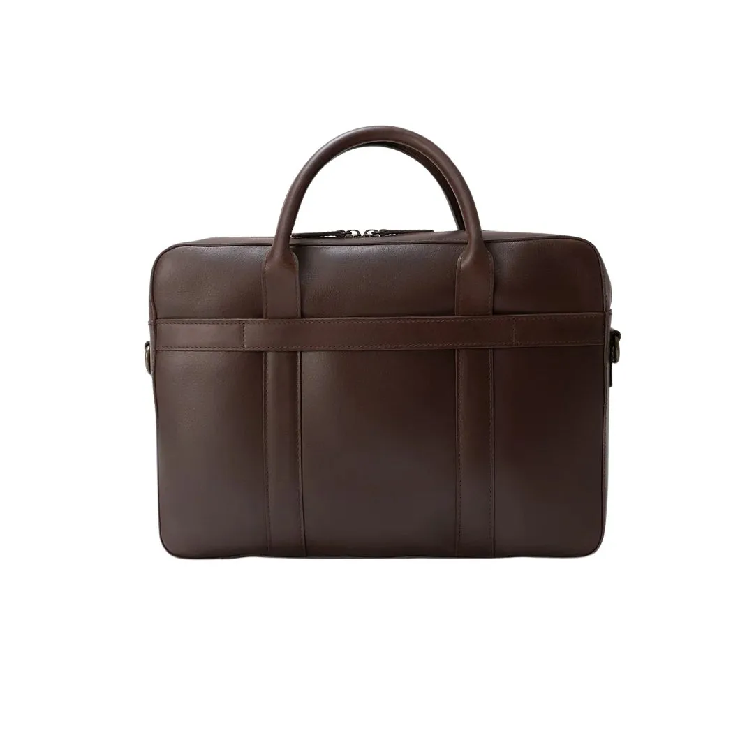 Leather briefcase with padded laptop pocket and shoulder strap