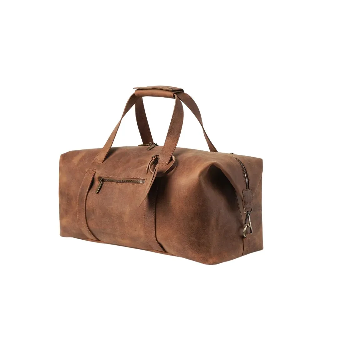Leather duffle bag with detachable shoulder strap and leather handles