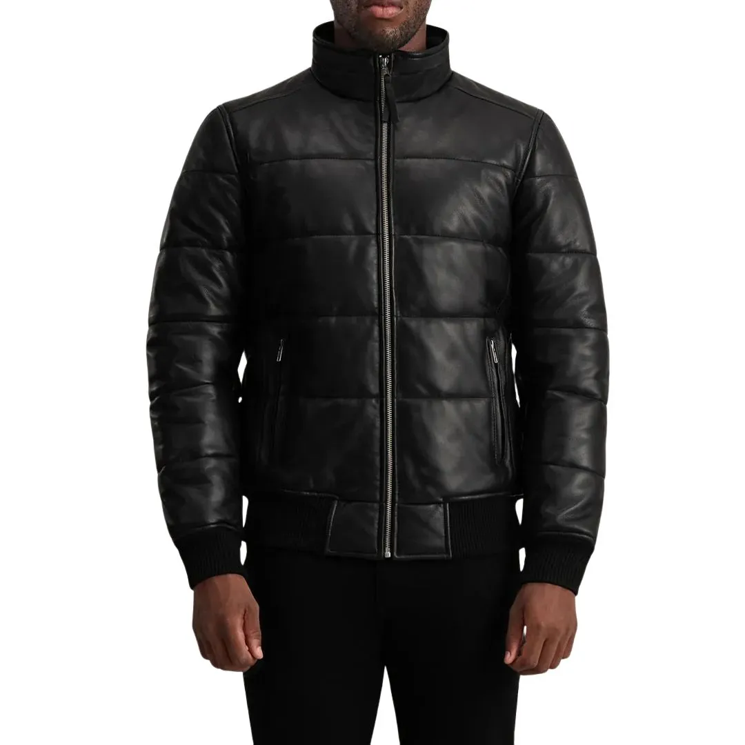 Men's Black Leather Puffer Bomber Jacket - Image 2