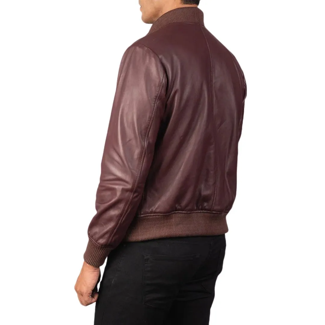 Back view of men's maroon leather bomber jacket