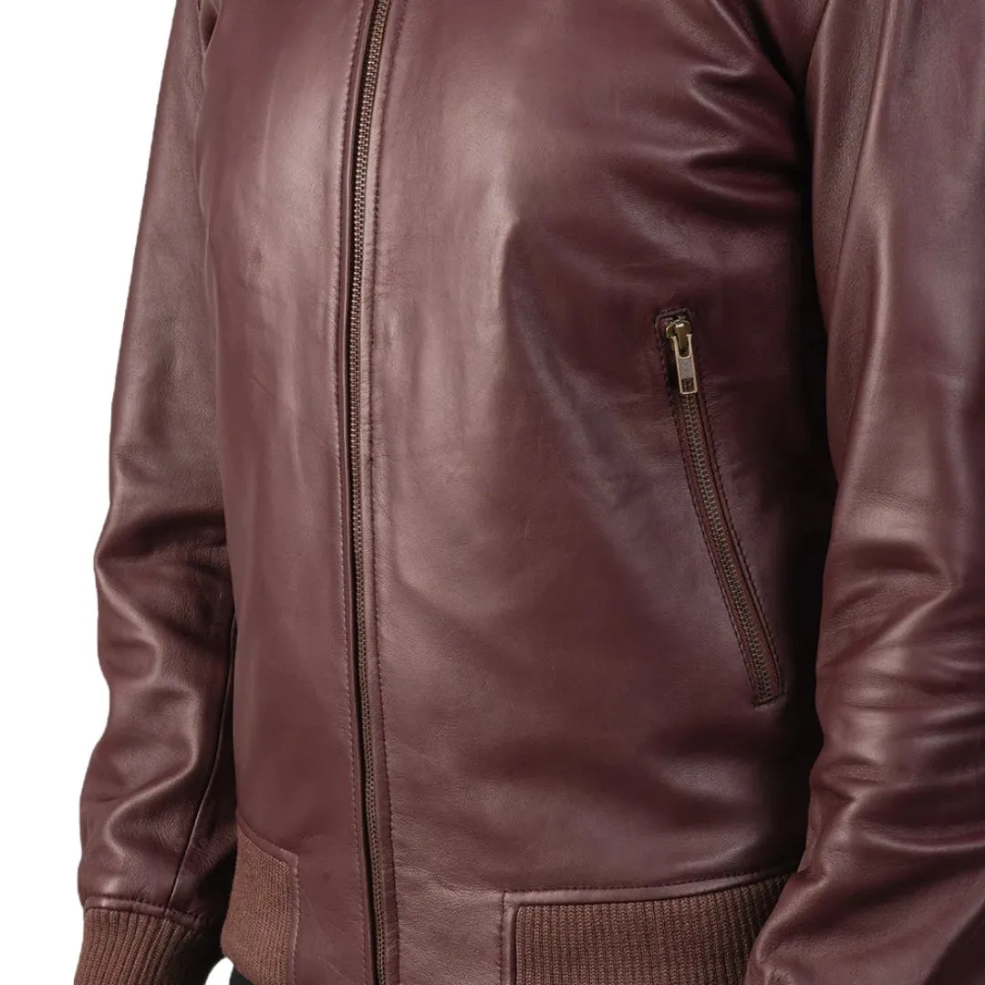 Men's Maroon Varsity Leather Bomber Jacket - Image 5