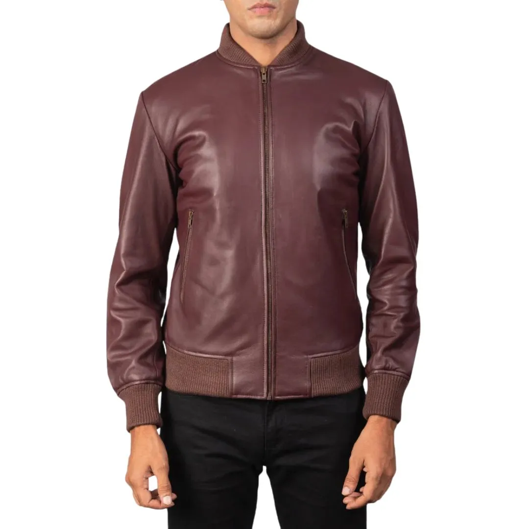 Men's Maroon Varsity Leather Bomber Jacket - Image 4