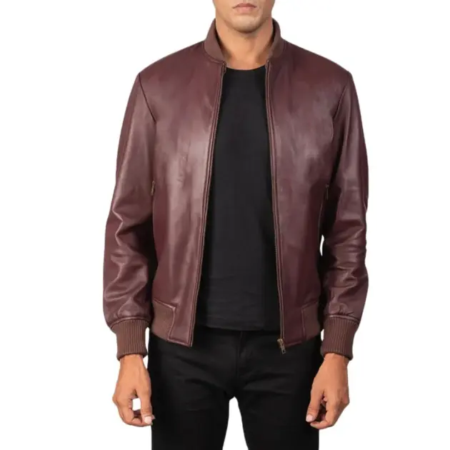Maroon varsity leather bomber jacket