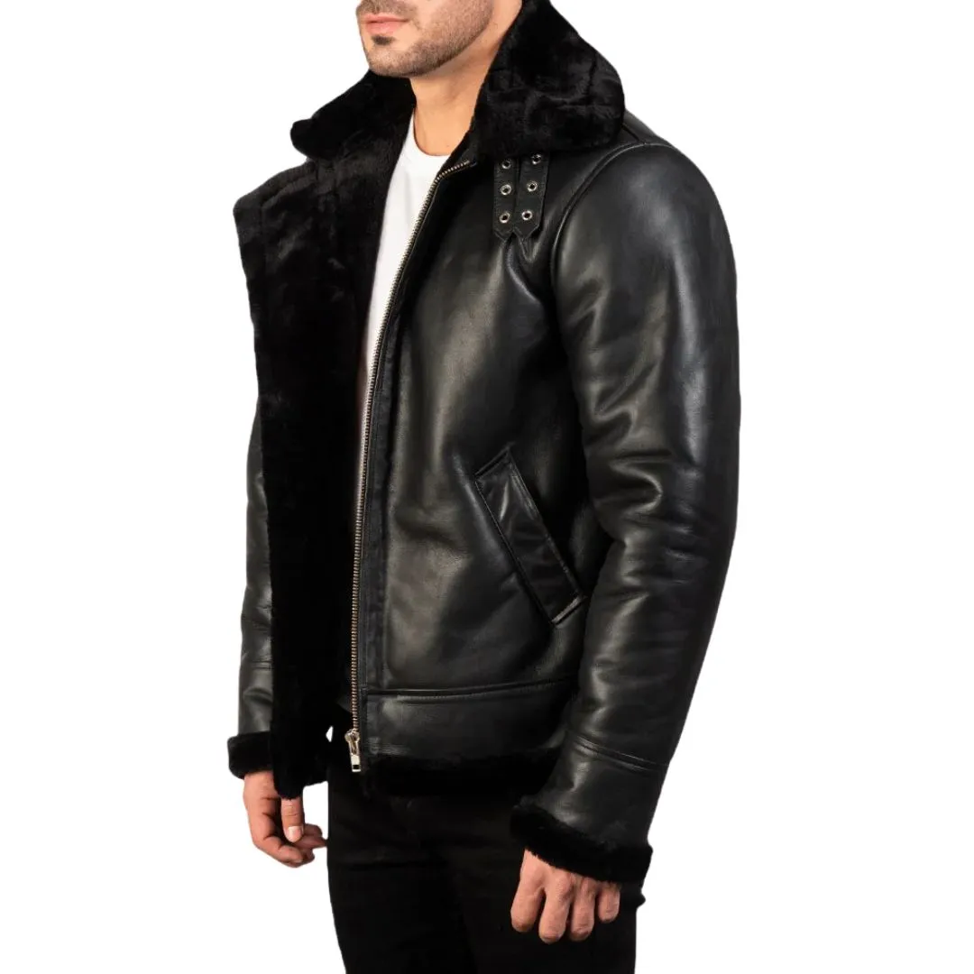 Men's Black Faux Fur Lined Leather Aviator Jacket - Image 2