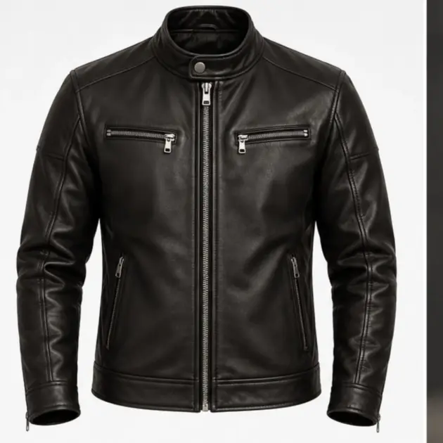 Men's black leather moto racer jacket with four zip pockets, front view