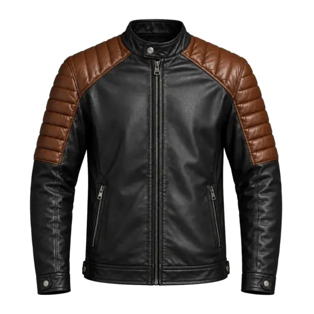Men's black leather racer jacket with tan quilted panels, front view