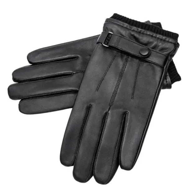 men's black PU leather winter gloves