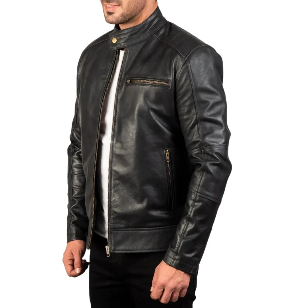 Men's Black Pull-Up Leather Biker Jacket - Image 2