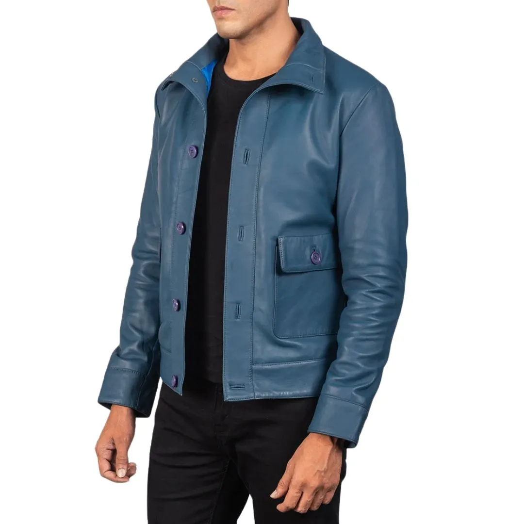 Men's Blue Button Leather Bomber Jacket - Image 2